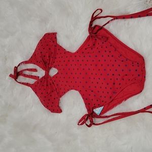One piece swimsuit, monokini, halter, NEW, Red with blue polka dots